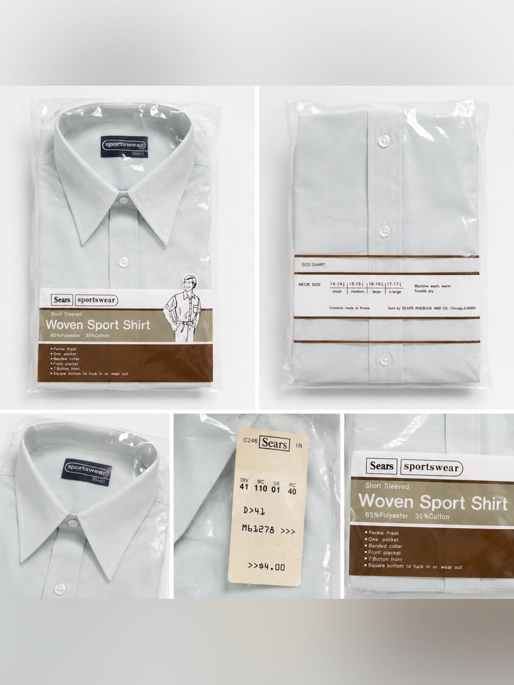 Vintage Sears Sportswear Deadstock Blue Button Up Shirt NWT Factory Sealed Large